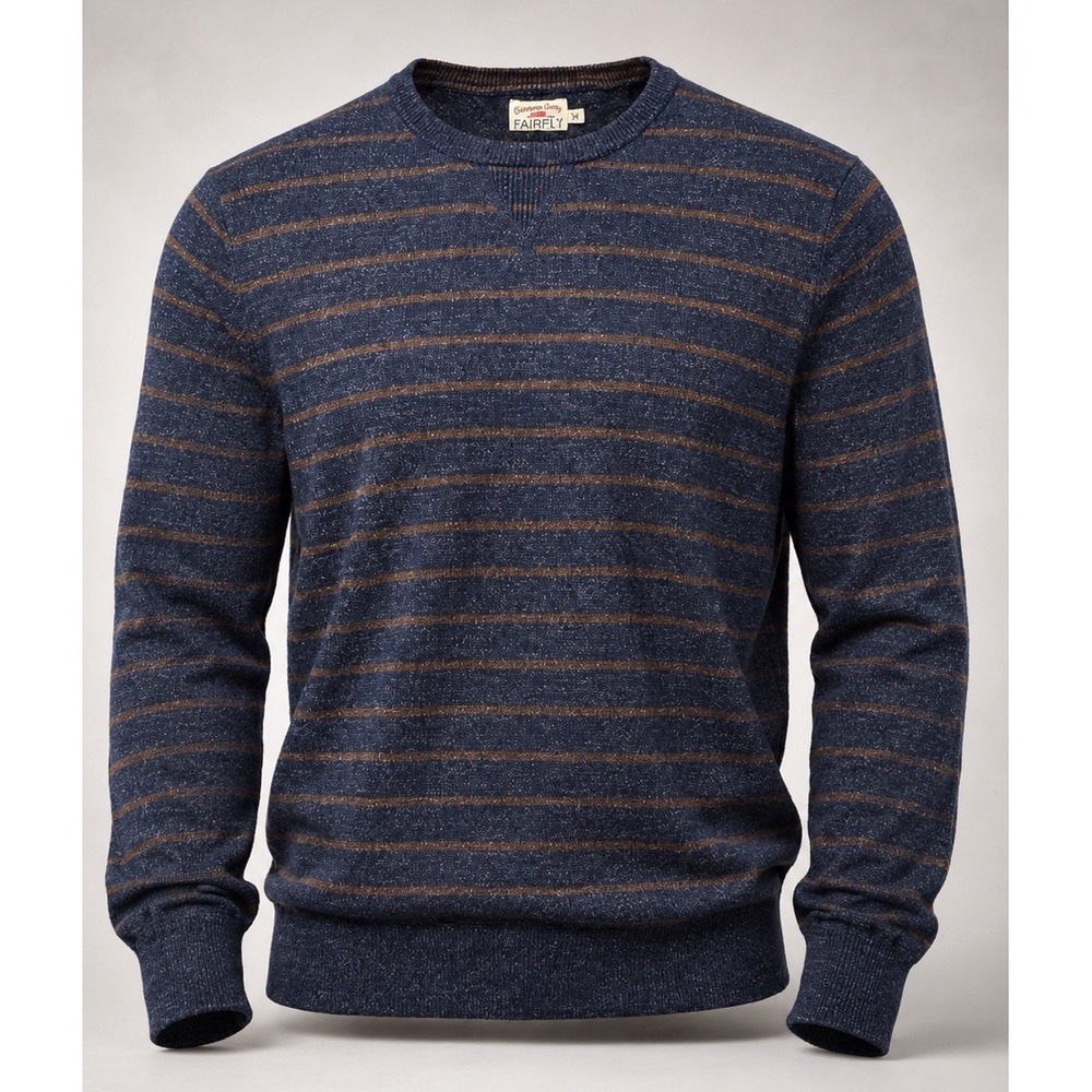 Faherty Sweater Mens S Cotton Cashmere Navy Brown Striped Crewneck Casual Knit